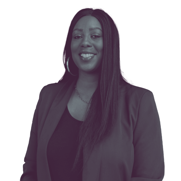 A black and white portrait of Tiara Mays-Sims of Iowa House District 43 from the waist up, smiling and looking into the camera.