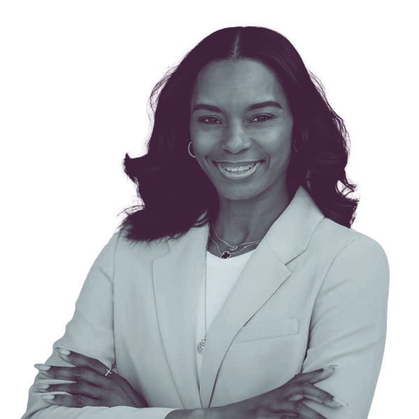 A black and white waist-up portrait of T'wina Nobles, candidate for Washington House District twenty eight, smiling and looking into the camera.