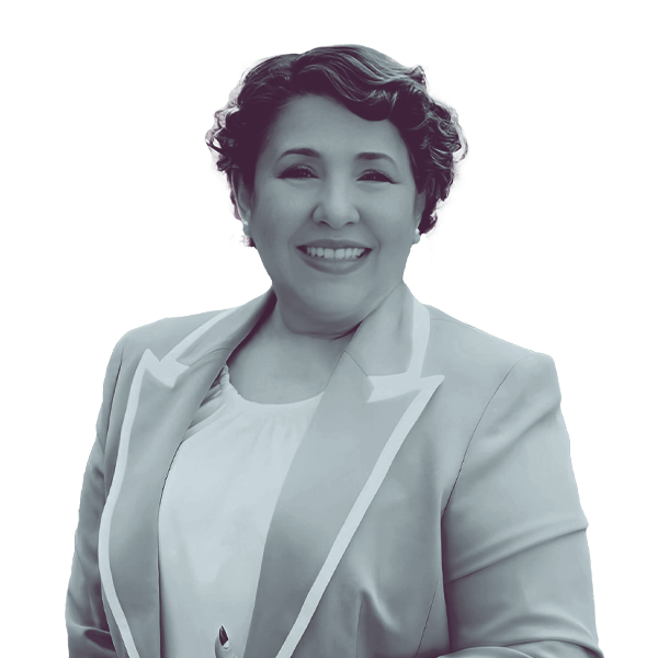 A black and white waist-up portrait of Maria Revelles, candidate for Florida House District forty seven, smiling and looking into the camera.