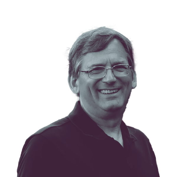 A black and white portrait of Mike Zimmer, candidate for Iowa Senate District thirty five, smiling and looking into the camera.