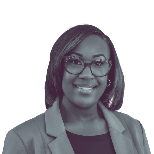 A black and white portrait of Kimberly Pope Adams, Democratic candidate for Virginia House District 82, smiling and looking into the camera.