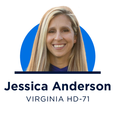 A headshot of Jessica Anderson, democratic candidate for Virginia House district 71. The portrait is above text showing the her name and legislative district.