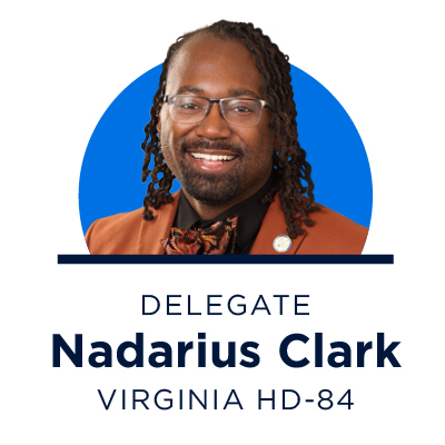 A headshot of Nadarius Clark, democratic candidate for Virginia House district 84. The portrait is above text showing the his name and legislative district.