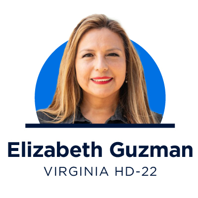 A headshot of Elizabeth Guzman, democratic candidate for Virginia House district 22. The portrait is above text showing the her name and legislative district.