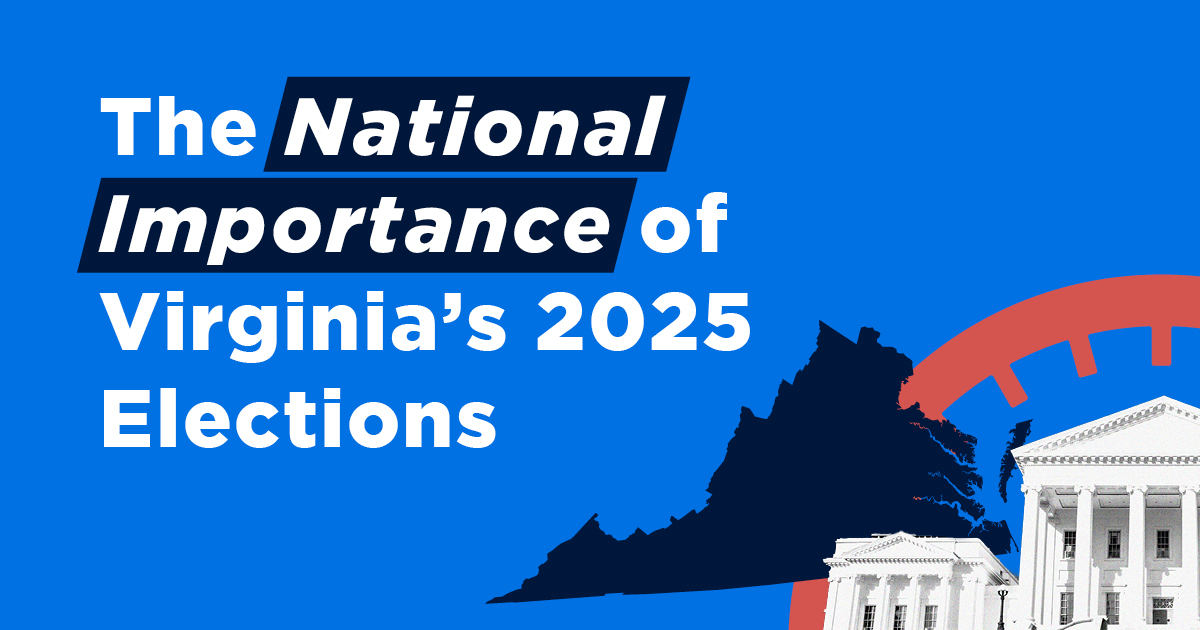 A blue rectangular image consisting of white text on the left side reading "The National Importance of Virginia's 2025 Election" and a collage of the Virginia State Capitol Building, a silhouette of the state of Virginia, and a representation of an rpm gauge.