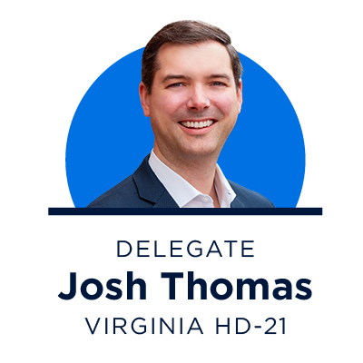 A headshot of Josh Thomas, democratic candidate for Virginia House district 21. The portrait is above text showing the his name and legislative district.