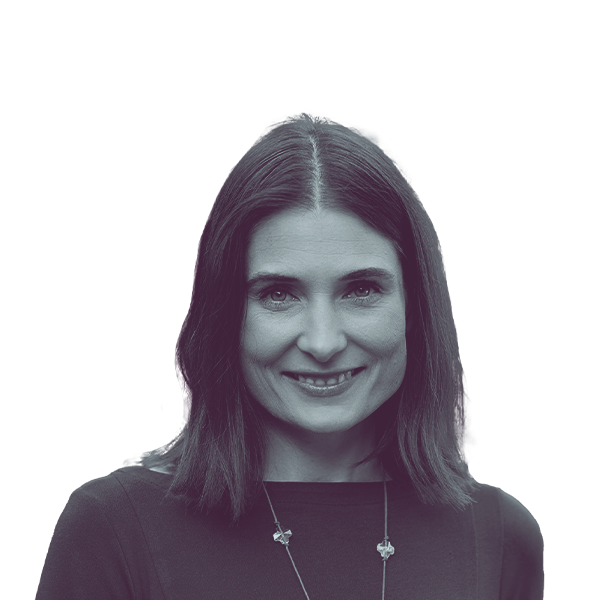 A black and white portrait of Victoria Hunt, Democratic candidate for Washington Senate District 5, smiling and looking into the camera.