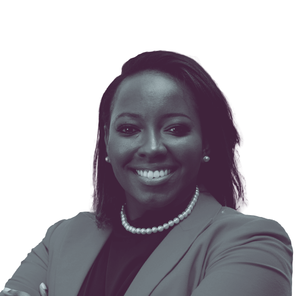A black and white portrait of Stacey Carroll, Democratic candidate for Virginia House District 64, smiling and looking into the camera.