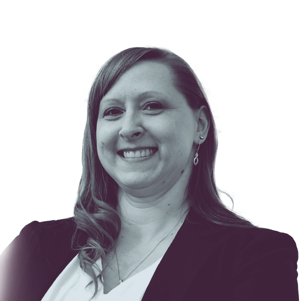 A black and white portrait ofAmanda Hemmingsen-Jaeger, Democratic candidate for Minnesota House District 47, smiling and looking into the camera.