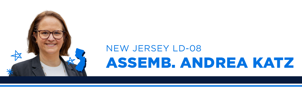 A portrait of Asm. Andrea Katz, Democratic candidate for New Jersey Assembly District 8, smiling and looking into the camera. Next to the candidate is blue text showing their name, state, and district.
