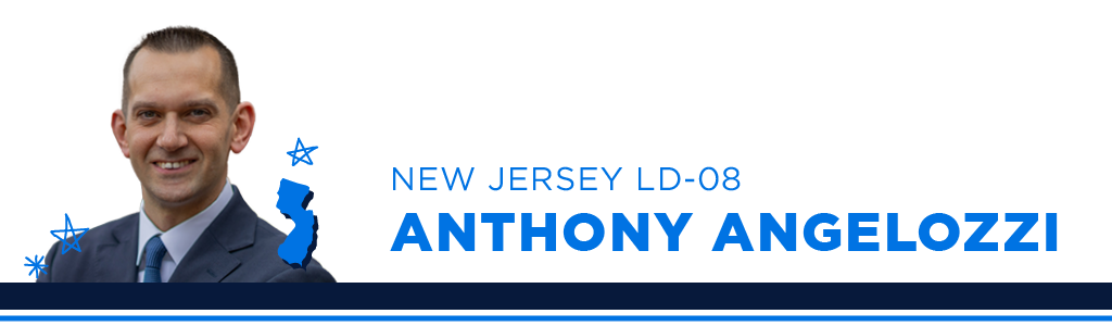 A portrait of Anthony Angelozzi, Democratic candidate for New Jersey Assembly District 8, smiling and looking into the camera. Next to the candidate is blue text showing their name, state, and district.