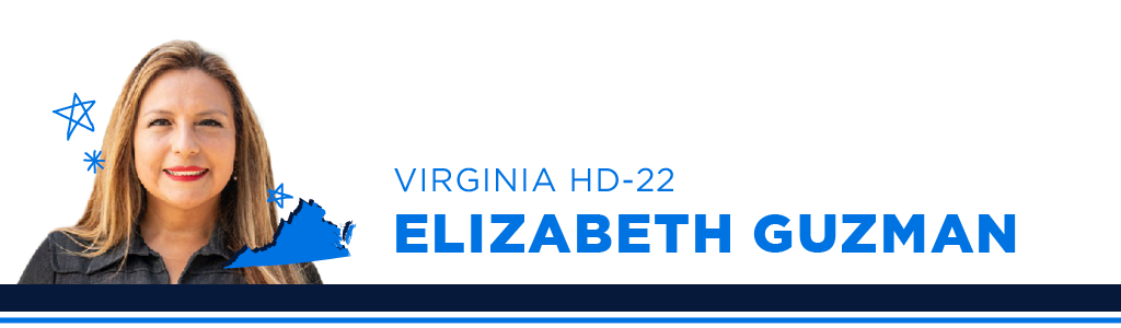 A portrait of Elizabeth Guzman, Democratic candidate for Virginia House District 22, smiling and looking into the camera. Next to the candidate is blue text showing their name, state, and district.