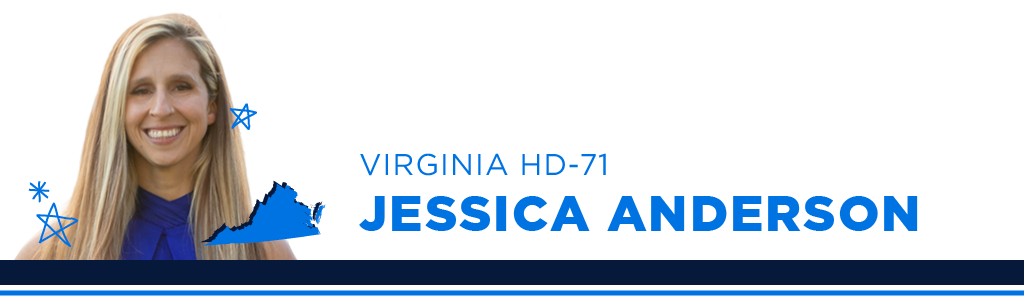 A portrait of Jessica Anderson, Democratic candidate for Virginia House District 71, smiling and looking into the camera. Next to the candidate is blue text showing their name, state, and district.