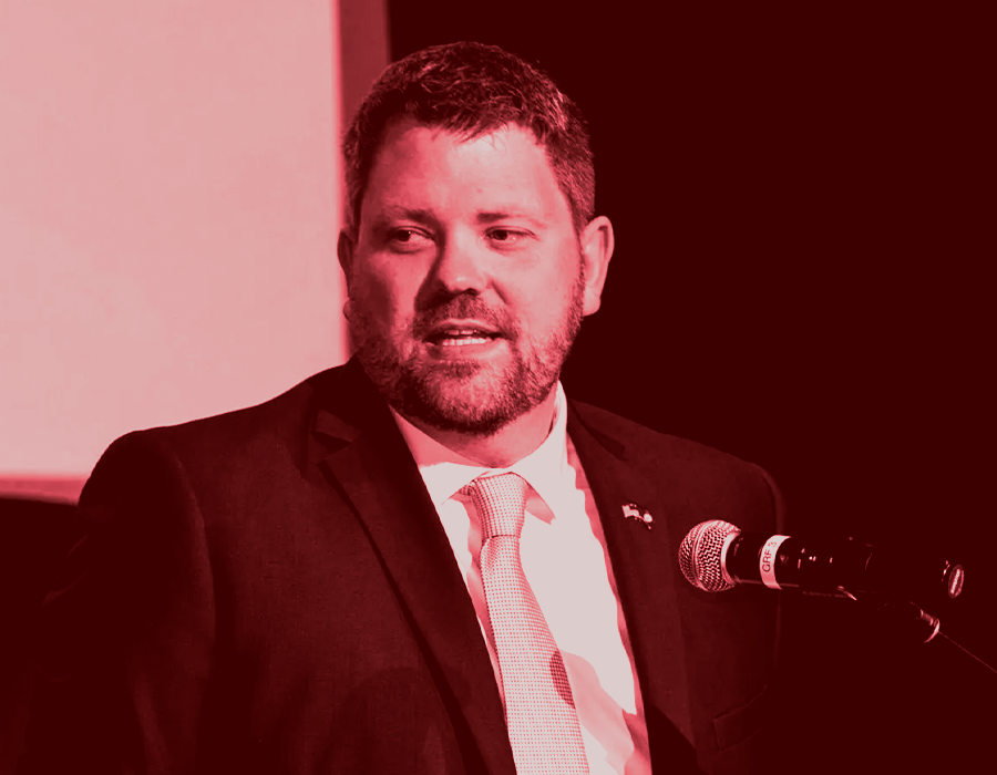 a red-scale portrait of defeated GOP legislator, Ian Lovejoy.