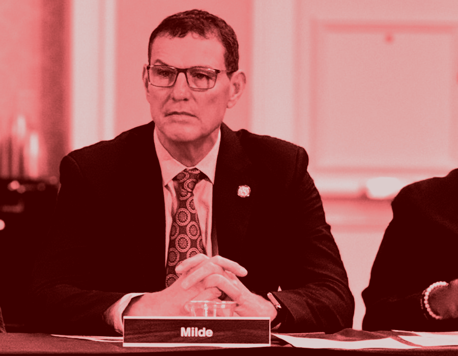 A red-scale portrait of defeated GOP legislator, Paul Milde
