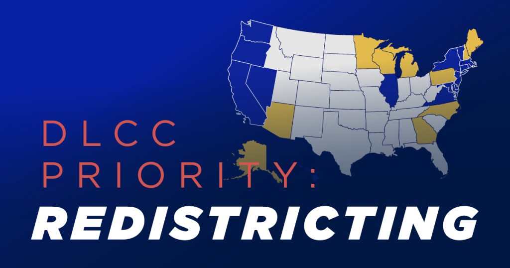 A map of the United States behind text reading "DLCC Priority:  Redistricting"