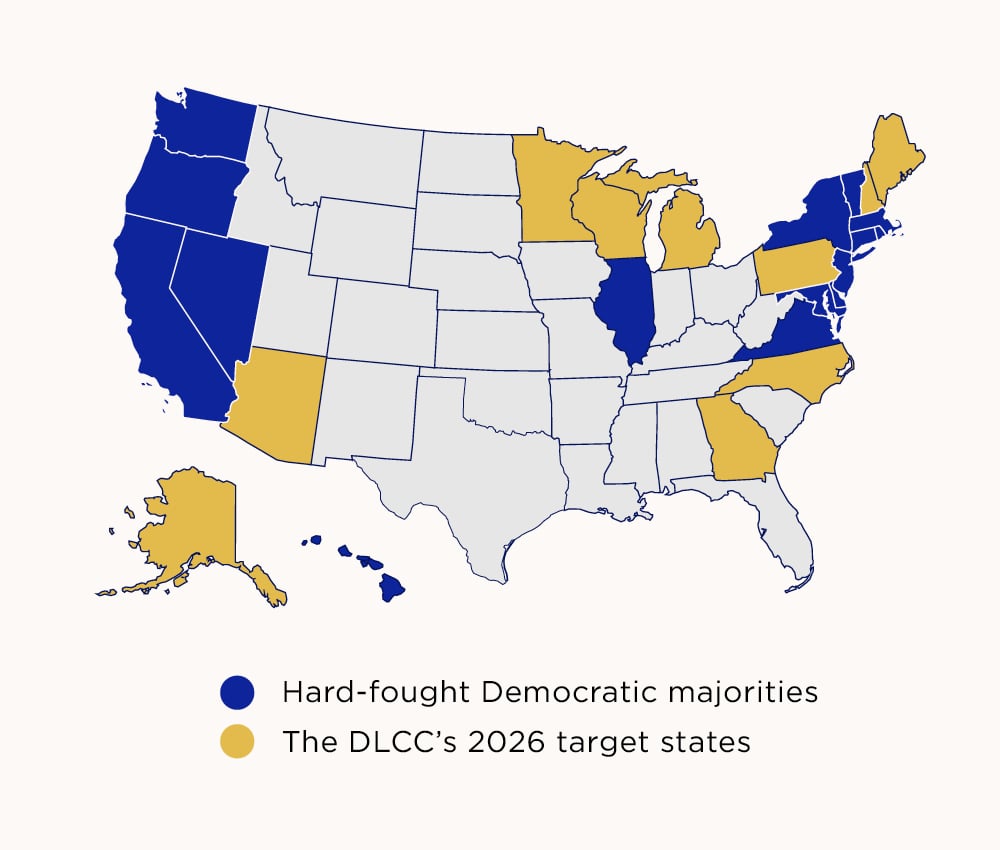 A map of the United States with Democratic majorities highlighted in blue and the DLCC target states highlighted in yellow. Below the map is a key explaining how to read it.