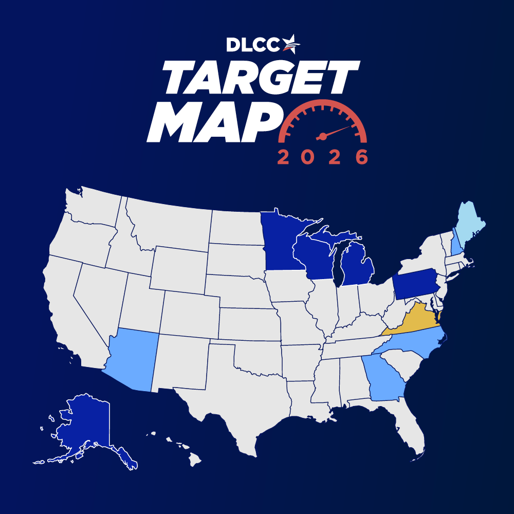a graphic of a map of the United States with the DLCC 2026 target states highlighted. Above the graphic is text reading 
