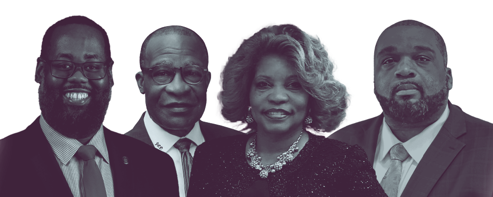 Black and white portraits of winning Mississippi DLCC Spotlight candidates, Reginald Jackson, Johnny DuPree, Theresa Gillespie Isom, and Justin Crosby.