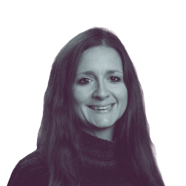 A black and white portrait of Meg Luger-Nikolai, Democratic candidate for Minnesota House District 64A, smiling and looking into the camera.